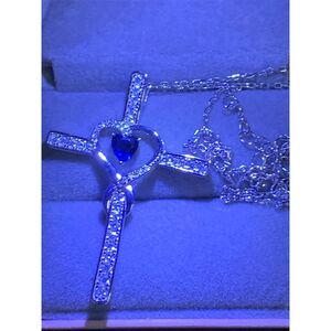 New Blue Sapphire Heart Cross Pendant Necklace with Cubic Zirconia